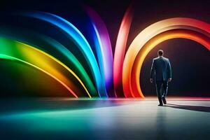 a man in a suit walks through a colorful light tunnel. AI-Generated photo