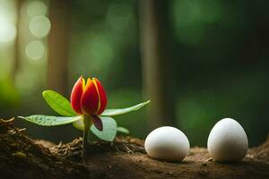 two eggs are sitting on the ground next to a red flower. AI-Generated photo