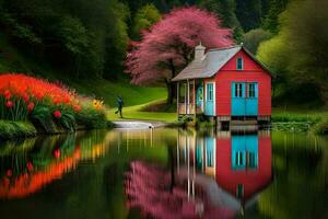 a colorful house sits on the edge of a pond. AI-Generated photo