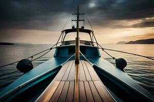 a boat is docked at the end of a dock. AI-Generated photo