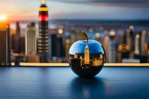 an apple with a city skyline in the background. AI-Generated photo