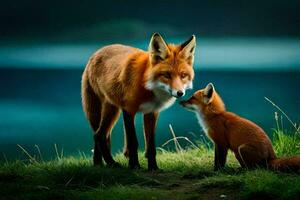 a mother fox and her cub standing on a grassy hill. AI-Generated photo