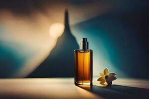 a bottle of perfume with a flower on a table. AI-Generated photo