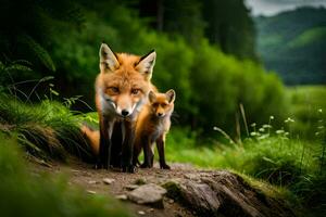 two foxes are standing on a path in the woods. AI-Generated photo