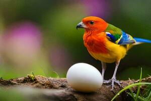 a colorful bird is standing next to an egg. AI-Generated photo