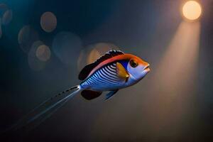 un vistoso pescado con un azul y blanco raya. generado por ai foto