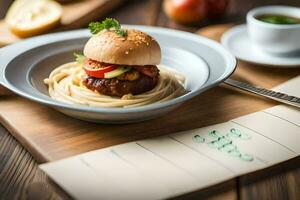 a hamburger is sitting on top of a plate with spaghetti. AI-Generated photo