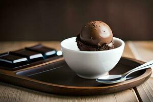 chocolate ice cream in a bowl with chocolate bars. AI-Generated photo