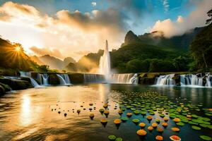 a beautiful waterfall with water lilies in the foreground. AI-Generated photo