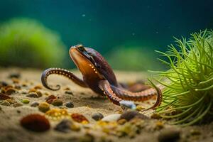 an octopus is sitting on the sand with seaweed. AI-Generated photo