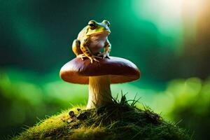 a frog sits on top of a mushroom in the forest. AI-Generated photo