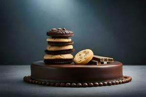 a chocolate cake with cookies and chocolate chips. AI-Generated photo