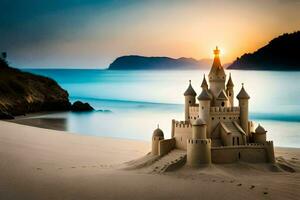 un arena castillo en el playa a puesta de sol. generado por ai foto