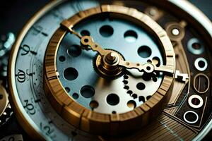 a close up of a watch with gears and a clock. AI-Generated photo