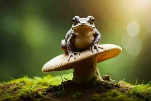 a frog sits on top of a mushroom. AI-Generated photo