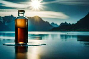 un botella de whisky se sienta en el borde de un lago. generado por ai foto