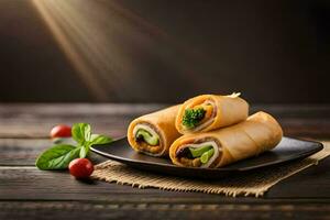 chinese food rolls on a black plate. AI-Generated photo