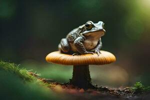 a frog sits on top of a mushroom in the forest. AI-Generated photo