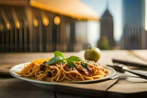 a plate of spaghetti with tomato sauce and basil leaves on a wooden table. AI-Generated photo