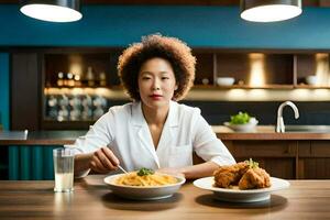 a woman sitting at a table with two plates of food. AI-Generated photo