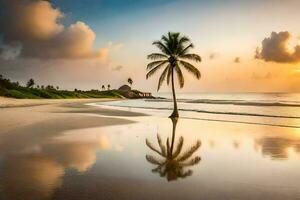un palma árbol es reflejado en el agua a puesta de sol. generado por ai foto