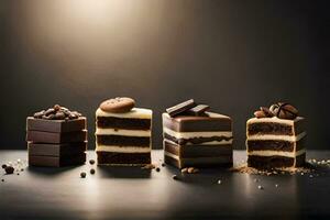 chocolate cake, coffee and chocolate on a dark background. AI-Generated photo
