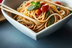 a bowl of noodles with chopsticks and tomatoes. AI-Generated photo