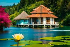 a house on the water with a lotus flower. AI-Generated photo