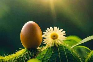 an egg is sitting on a green leaf with a flower. AI-Generated photo