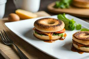 two bagels with meat and vegetables on them. AI-Generated photo