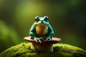 a frog sits on a mushroom in the forest. AI-Generated photo