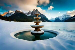 a fountain in the snow with mountains in the background. AI-Generated photo