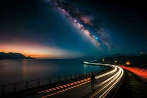 un largo exposición fotografía de un coche conducción en un autopista a noche. generado por ai foto