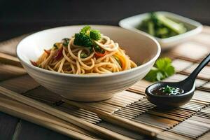 a bowl of noodles with vegetables and chopsticks. AI-Generated photo