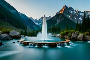 the fountain in the middle of a lake surrounded by mountains. AI-Generated photo