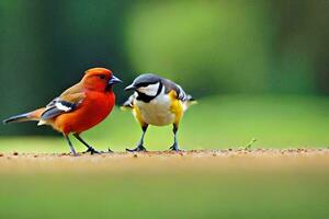 dos aves en pie en el suelo con un verde antecedentes. generado por ai foto