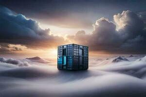 a cube sitting on top of clouds in the sky. AI-Generated photo