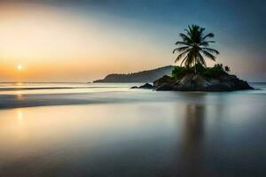 the sun sets on a beach with a palm tree. AI-Generated photo