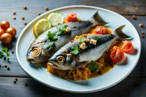 two fish on a plate with rice and tomatoes. AI-Generated photo