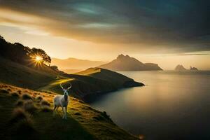 a goat stands on a hill overlooking the ocean at sunset. AI-Generated photo