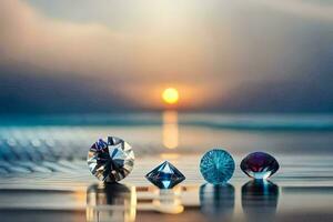 four diamonds on the beach at sunset. AI-Generated photo