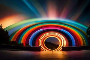 a person standing in front of a colorful light tunnel. AI-Generated photo