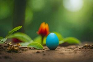 a blue egg on the ground. AI-Generated photo