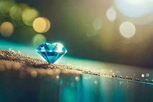 a diamond sitting on the sand with bokeh lights. AI-Generated photo