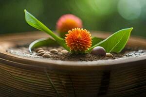 a small orange flower in a bamboo basket. AI-Generated photo