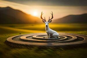 a deer sits on a circular wheel in the middle of a field. AI-Generated photo