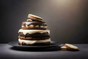 a stack of chocolate cake with cookies on top. AI-Generated photo