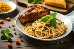 spaghetti with meat and vegetables on a wooden table. AI-Generated photo