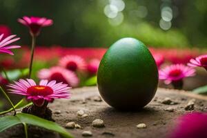 an easter egg is sitting in a field of pink flowers. AI-Generated photo