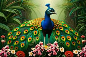 a painting of a peacock in the jungle. AI-Generated photo